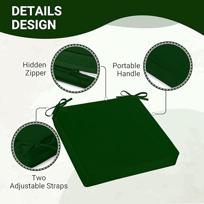 downluxe Waterproof Outdoor Chair Cushions for Patio Furniture, 22" x 22" x 3" Patio Chair Cushion with Non-Slip Ties & Portable Handle, Forest Green, 2 Pack