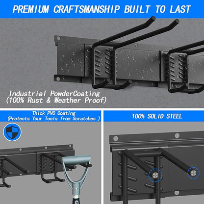 CBWLWJ Garage Tool Organizer Wall Mount, 64 inch Garage Wall Organizer, 680lbs Sturdy Garden Tool Organizer with 9 Adjustable Hooks, for Yard, Shed, Basement, Workshop(Black)