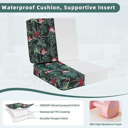 Favoyard Deep Seat Patio Cushion 19 x 19 x 3 in Waterproof Seat & Back Cushion Set with Color Fade Resisitant Pattern, Portable Handle, Attach Straps, Zipper on Removable Cover for Outdoor Furniture