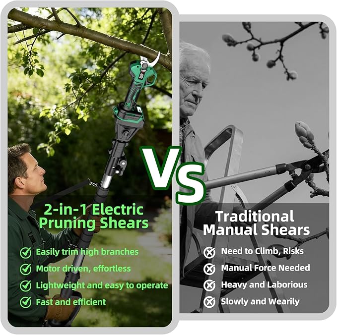 2.5" Cutting Diameter, 2-in-1 Pole Electric Pruning Shears - Brushless Motor, 15ft Reach,21V Dual 4.0Ah Batteries, Extra Sk7 Blade, Stainless Steel Pole, 2 Modes Adjustable for Tree & Flower