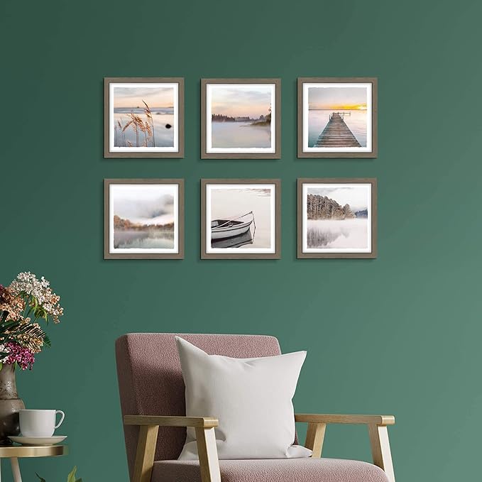 Framed Lake Photo Wall Art: Modern Warm Bright Landscape Painting Relaxing Various Mountain Water View Prints Frames Natural Foggy Forest Gallery Artwork 6 Pieces Small Sunrise Picture for Bedroom