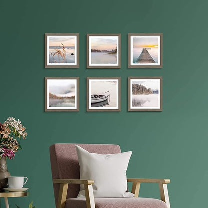 Framed Lake Photo Wall Art: Modern Warm Bright Landscape Painting Relaxing Various Mountain Water View Prints Frames Natural Foggy Forest Gallery Artwork 6 Pieces Small Sunrise Picture for Bedroom