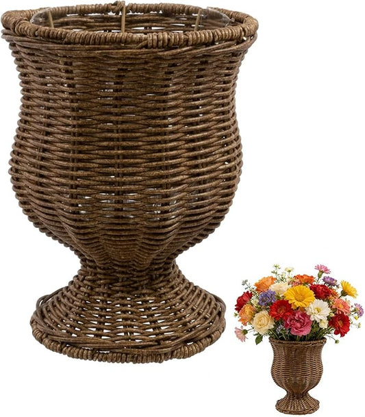 8 Inch Goblet Planter, Woven Rattan Look Resin Flower Pot with Sturdy Metal Frame, Decorative Indoor Outdoor Plant Pot, Rustic Brown Garden Container, for Flowers Herbs Patio Balcony Decor (Brown)