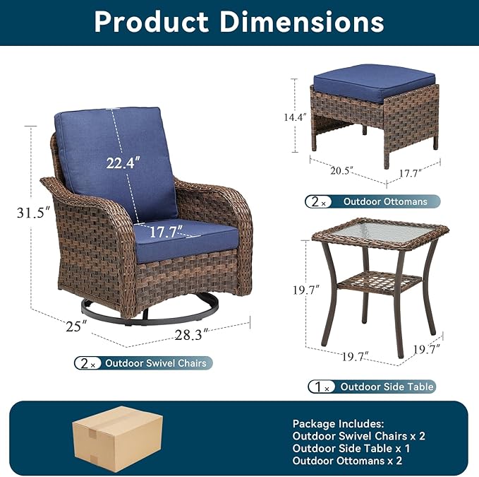 Patio Wicker Chairs Swivel Rocker Outdoor Rocking Chairs Set of 5 Rattan Furniture Set with Thick Cushion, Side Tables, Ottomans for Balcony Deck Backyard, Blue