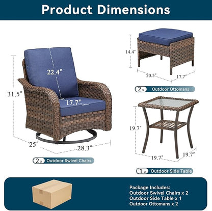 Patio Wicker Chairs Swivel Rocker Outdoor Rocking Chairs Set of 5 Rattan Furniture Set with Thick Cushion, Side Tables, Ottomans for Balcony Deck Backyard, Blue