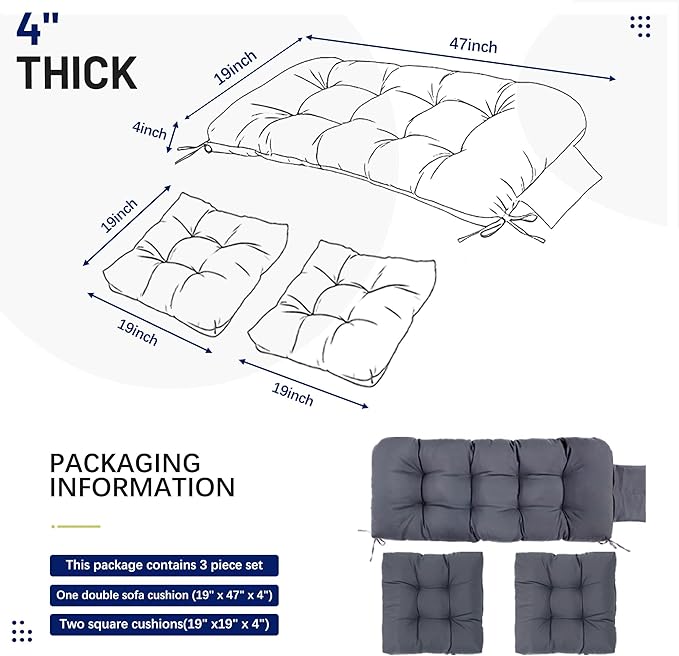 3 Pcs Wicker Chair Cushions Patio Loveseat Chaise Cushion Set - 1200D 47x19*4 Inch Waterproof Wicker Bench Cushions with 2 19x19x4 Inch Chair Cushions for Garden Porch Wicker Patio Furniture(Grey)