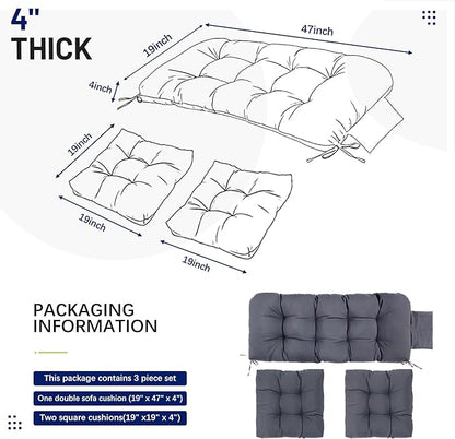 3 Pcs Wicker Chair Cushions Patio Loveseat Chaise Cushion Set - 1200D 47x19*4 Inch Waterproof Wicker Bench Cushions with 2 19x19x4 Inch Chair Cushions for Garden Porch Wicker Patio Furniture(Grey)
