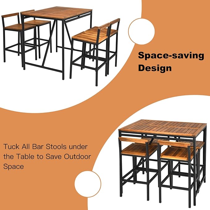 RELAX4LIFE 5-Piece Patio Bar Set, Acacia Wood Counter Height Bistro Dining Table w/Umbrella Hole, Wicker Rattan Bar Stools Set of 4 for Balcony Backyard Poolside, 5PCS Outdoor Bar Table and Chairs Set