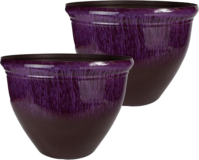 The HC Companies 16 Inch Pizzazz Round Planter Pots with Ceramic Look, Lightweight UV-Resistant Plastic Indoor & Outdoor Planters, 2-Pack Flower Pots for Garden & Home Decor, Purple Violet