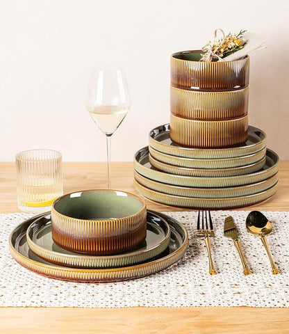 TheTerra Ceramic Dinnerware Sets for 6, 18 Pieces Porcelain Lightweight Plates and Bowls Sets, Scratch Resistant Dish Set, Oven & Microwave & Dishwasher Safe, Sage Umber