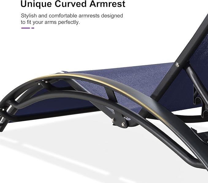 PURPLE LEAF Patio Chaise Lounge Set Outdoor Beach Pool Sunbathing Lawn Lounger Recliner Outside Tanning Chairs with Arm for All Weather Side Table Included Navy Blue