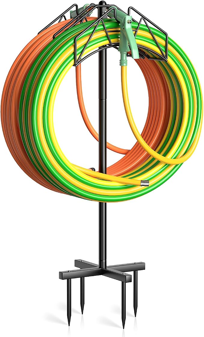 Garden Hose Holder, Double-Sided Water Hose Holder Stand Holds 2×160ft, Heavy Duty Freestanding Hose Storage Rack Hanging with Spikes, Metal Hanger for Outside Garden Yard Lawn Farm Gardening Tools