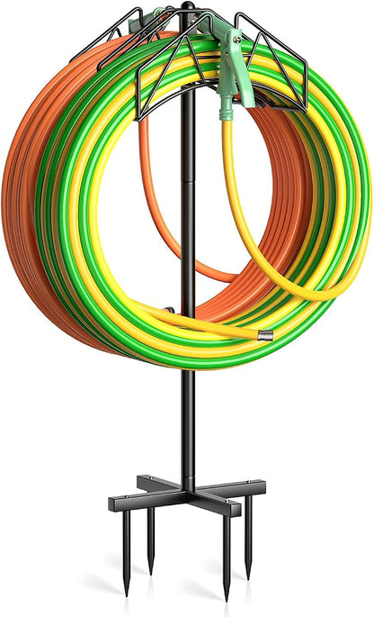 Garden Hose Holder, Double-Sided Water Hose Holder Stand Holds 2×160ft, Heavy Duty Freestanding Hose Storage Rack Hanging with Spikes, Metal Hanger for Outside Garden Yard Lawn Farm Gardening Tools