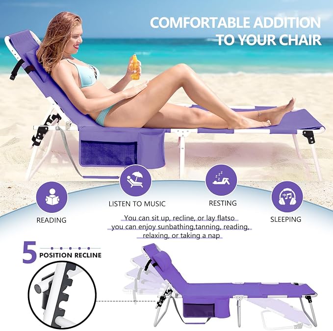 Tanning Chair with Face Hole, Adjustable Folding Chaise Lounge Chairs for Outside with Detachable Pillow & Pocket，Portable flat beach chairs for sunbathing, beach lawns camping (Purple, Oversized)