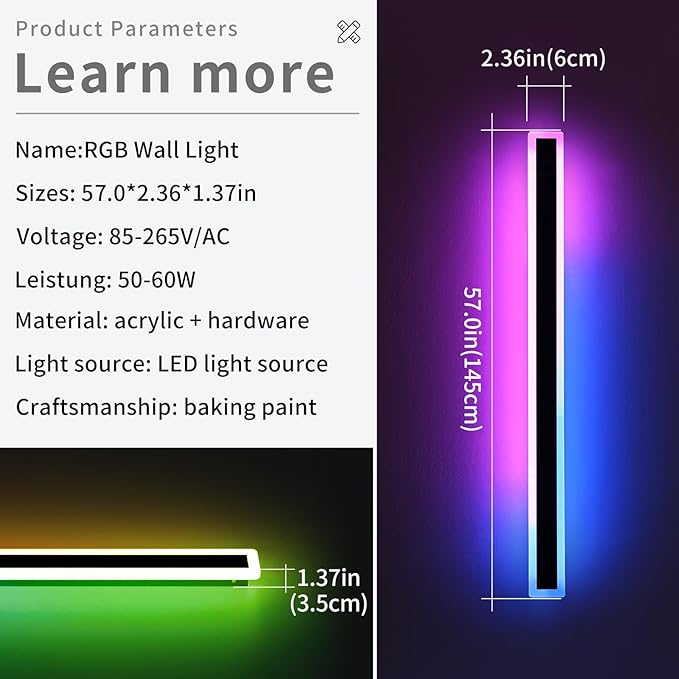 2 Pack RGB Modern Outdoor Wall Lights, 57inch Dimmable LED Wall Sconce Light with Remote Control, 10 Colors, 5 Modes, IP65 Waterproof Exterior Light Fixture for Porch, Patio, Garage