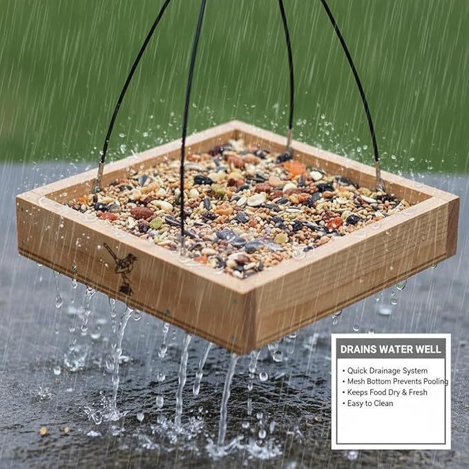 Cedar Wood Platform Tray Bird Feeder 10” - Hanging Bird Feeder for Outside Outdoor - Stainless Steel Cable Mesh Base - Weather Proof Birdfeeder for 10 Years - Longtime Outdoor Lasting Heavy Duty