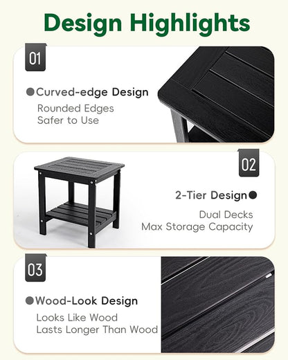 Kibaso-Adirondack Outdoor Side Table, 2-Tier HDPE Outdoor End Table, Weather Resistant Easy Maintenance, Small Patio Side Table for Patio, Pool, Porch, Garden, Lawn, and Living Room (2, Black)