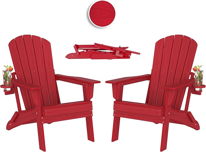 Plawdlik Folding Adirondack Chair Set of 2,Cup Holder,Wooden Textured,Heavy All-Weather HDPE Outdoor Chairs, Poolside Backyard Lawn,Red