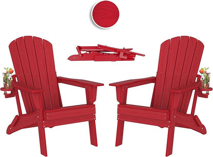 Plawdlik Folding Adirondack Chair Set of 2,Cup Holder,Wooden Textured,Heavy All-Weather HDPE Outdoor Chairs, Poolside Backyard Lawn,Red