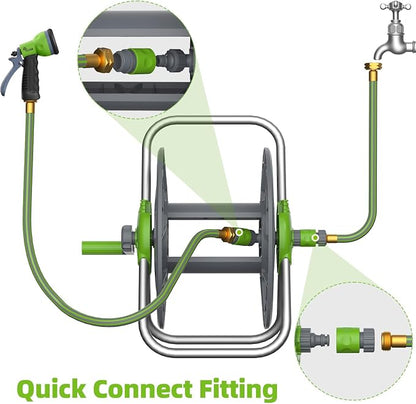 Water Hose Reel Cart, Holds 60-80 Ft of 5/8 Inch Hose, Green Wall Mounted Garden Hose Cart, Portable Hose Reel for Convenient Storage and Watering