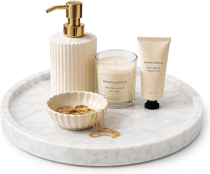 Natural Marble Decorative Tray for Bathroom Bedroom Kitchen Dresser, Large 10.6" Round Vanity Trays for Jewelry, Perfume, Cosmetic, Candle, Countertop Storage Organizer for Home Decor (WH037)