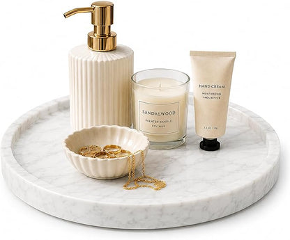 Natural Marble Decorative Tray for Bathroom Bedroom Kitchen Dresser, Large 10.6" Round Vanity Trays for Jewelry, Perfume, Cosmetic, Candle, Countertop Storage Organizer for Home Decor (WH037)