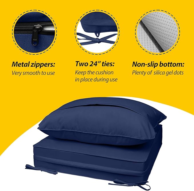 AAAAAcessories Outdoor Seat Cushions for Chairs, Fade-Resistant, Waterproof Patio Furniture Replacement Cushions, 22" x 22" x 3" + 22" x 17", Navy Blue