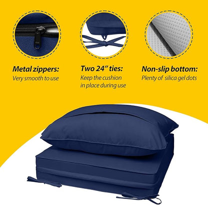 AAAAAcessories Outdoor Seat Cushions for Chairs, Fade-Resistant, Waterproof Patio Furniture Replacement Cushions, 25.5" x 25.5" x 5" + 25.5" x 19", Navy Blue