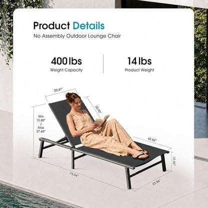 Ciokea Foldable Outdoor Lounge Chair, No Assembly Patio Chaise Lounge Outdoor with 5-Positions, Aluminum Pool Lounge Chair with Portable Design for Pool, Beach, Deck, Backyard, Grey