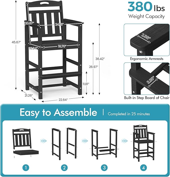 Ciokea Oversized Tall Bar Chair, HDPE Adirondack Outdoor Bar Chair with Footrest, All-Weather Barstool with High Back for Balcony, Bistro, Porch, Deck, Pool, Backyard, Black
