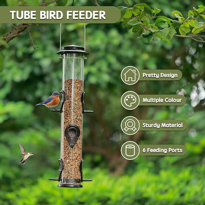 Metal Bird Feeder Tube Hanging Wild Bird Seed Feeder Aluminum Six Port Bird Feeders,1.4 mm Extra Thick Solid Tube Transparent with Steel Hanger Great for Attracting Birds (Coffee 2PK)