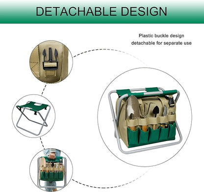 Folding Gardening Stool with Detachable Storage Tote Bag, Portable Garden Seat for Elderly Seniors, Heavy Duty Garden Chair for Gardening, Fishing, Camping, Outdoor & Indoor Use (Green+Khaki)