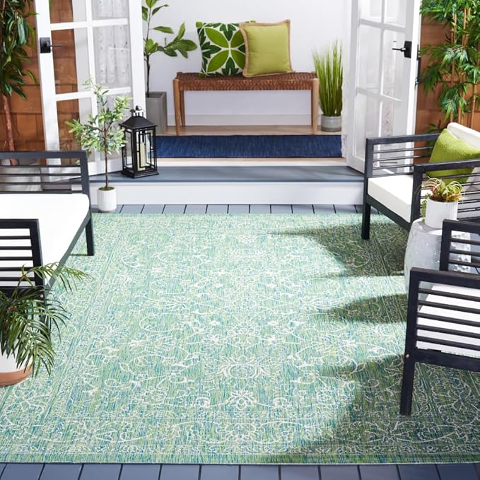 SAFAVIEH Washable Rug Outdoor Courtyard Collection - 9' x 12', Green & Ivory, Non-Shedding & Easy Cleaning, Ideal for Patio, Backyard, Mudroom (CY8680-55721)