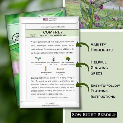 Sow Right Seeds - Comfrey Seeds for Planting - Non-GMO Heirloom - High-Yield Comfrey for Garden, Medicinal Herbs, and Soil Improvement - Outdoor or Indoor Herb Garden - Use for Home Remedies (3)