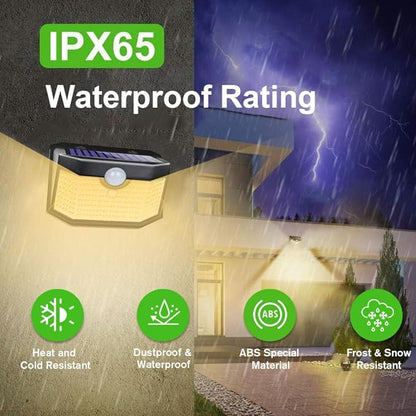 HMCITY 120 LED Outdoor Solar Lights- with Motion Sensor and 3 Lighting Modes, IP65 Waterproof Wide Solar Wall Lights Ideal for Garden Patio Yard (Front Button 8Packs, Black Shell-Warm White)
