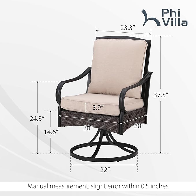 PHI VILLA Patio Swivel Chairs Set of 4, Heavy Duty Outdoor Metal Wicker Dining Chair with Thickened Cushions, Large All Weather Wrought Iron Deck Chair Lawn Furniture Support 300lbs