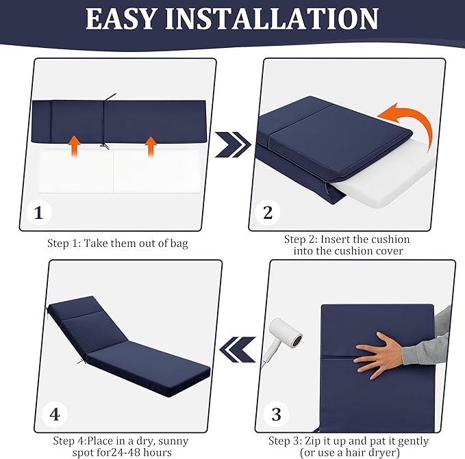 Chaise Lounge Cushion for Outdoor Furniture, Waterproof Fade and Tear Resistant Lounge Deck Chair Cushions for Patio Lawn Pool Resort Hotel
