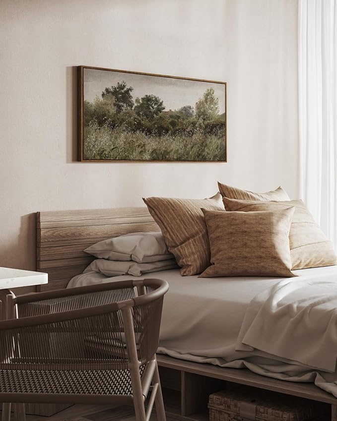 InSimSea Extra Large Framed Vintage Wall Art, Living Room Country Farmhouse Decor, Grassland Landscape Paintings, Canvas Prints, Retro Scenery Long Picture for Bedroom Above of Bed,24x48inch