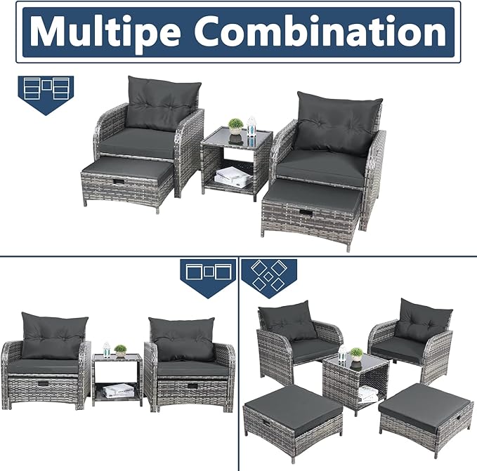 5 Pieces Wicker Outdoor Patio Chairs Set with Ottoman, Patio Furniture Set with Foot Rest Underneath, PE Rattan Garden Arm Chairs with Hidden Ottoman for Poolside Garden Balcony, Grey