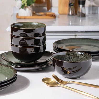 LeRatio Ceramic Dinnerware Sets for 6,Plates and Bowls Sets,Handmade Reactive Glaze Dishes Set,Chip Resistant and Scratch Resistant | Oven&Dishwasher & Microwave Safe,Service for 6-Green (18PCS)