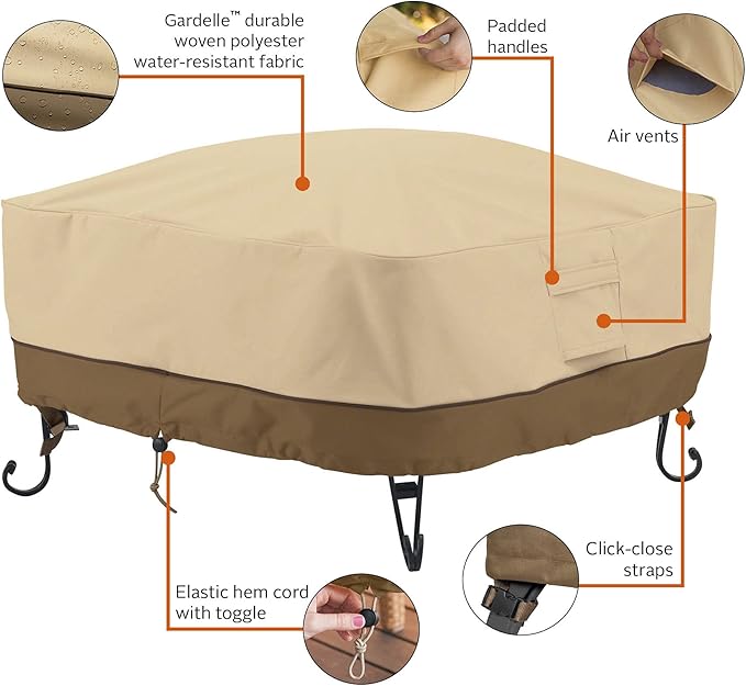 Classic Accessories Veranda Water-Resistant 36 Inch Full Coverage Square Fire Pit Cover, Patio Furniture Covers