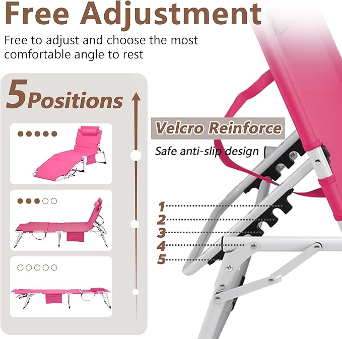 3-in-1 Heavy Duty Tanning Chair with Face Hole Adjustable 5-Position Folding Chaise Lounge Chairs Portable Lay Flat Beach Lounge Chair for Outdoor Sunbathing Patio Pool Lawn Camping Deck (Pink)