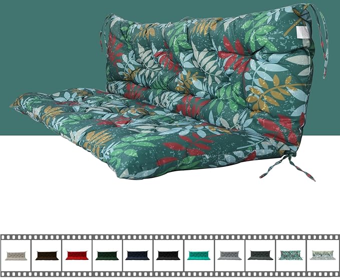 Outdoor Swing Cushions 3 Seater Waterproof, Replacement Bench Cushions for Outdoor Patio Furniture with Backrest, Porch Swing Cushion with Ties for Lawn and Garden (Green Flowers, 40x40in)