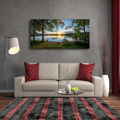 Tree Canvas Wall Art of a Sunrise Over a Forest Lake 20x40inches Nature Inspired Painting Perfect for Wall Decoration in Living Room and Bedroom Trees and Landscape Picture Artwork Prints