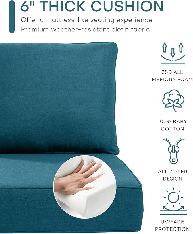 Luxury 22x24/22x25 6-Inch Outdoor Deep Seat Cushions Set of 6 - Comfortable Patio Zipper Chair Cushion for Wicker Dining Rocking Swivel Chairs Loveseat Couch Sectional Sofa - Peacock Blue