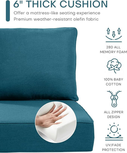 Luxury 22x24/22x25 6-Inch Outdoor Deep Seat Cushions Set of 6 - Comfortable Patio Zipper Chair Cushion for Wicker Dining Rocking Swivel Chairs Loveseat Couch Sectional Sofa - Peacock Blue