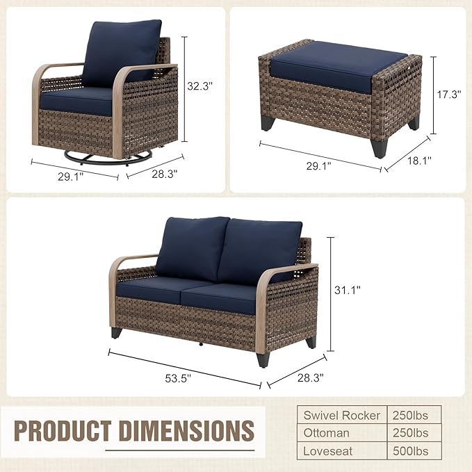 Modern Wicker Patio Furniture Set, Rattan Outdoor Conversation Set with Comfortable Cushions, 2 Swivel Rocking Chairs, 2 Seat Loveseat and 2 Ottomans, 5 Pieces, Brown/Blue