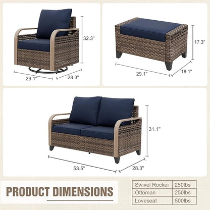 Modern Wicker Patio Furniture Set, Rattan Outdoor Conversation Set with Comfortable Cushions, 2 Swivel Rocking Chairs, 2 Seat Loveseat and 2 Ottomans, 5 Pieces, Brown/Blue