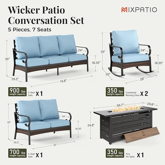 Patio Furniture Set with Firepit Table, Black Frame Outdoor Conversation Set with 2 x Rocking Chairs, 1 x 2-Seat Sofa, 1 x 3-Seat Sofa for Lawn Garden Backyard, Blue
