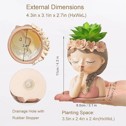 Small Fairy Succulent Plant Pot with Drainage Hole 4inch Indoor Cactus Pot Unique Cute Flower Pot with Girl Face Container Planter Home Office Desk Garden Gifts Idea for Women